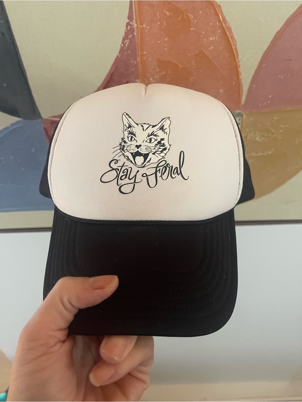 OTTO Two-Tone Black and White Trucker Hat with 'Stay Feral' Cat Graphic